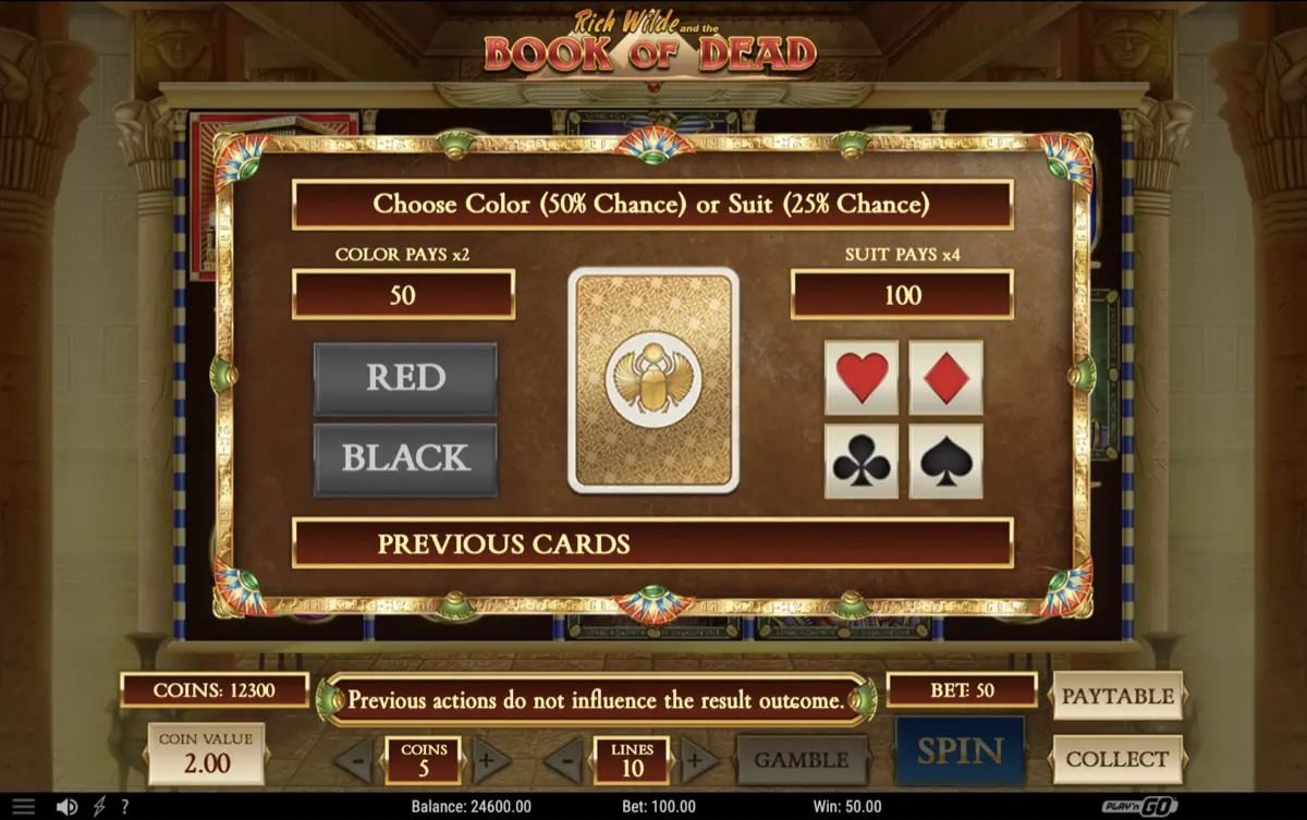 Book of Dead Gamble Feature con scelta rosso/nero per raddoppiare la vincita