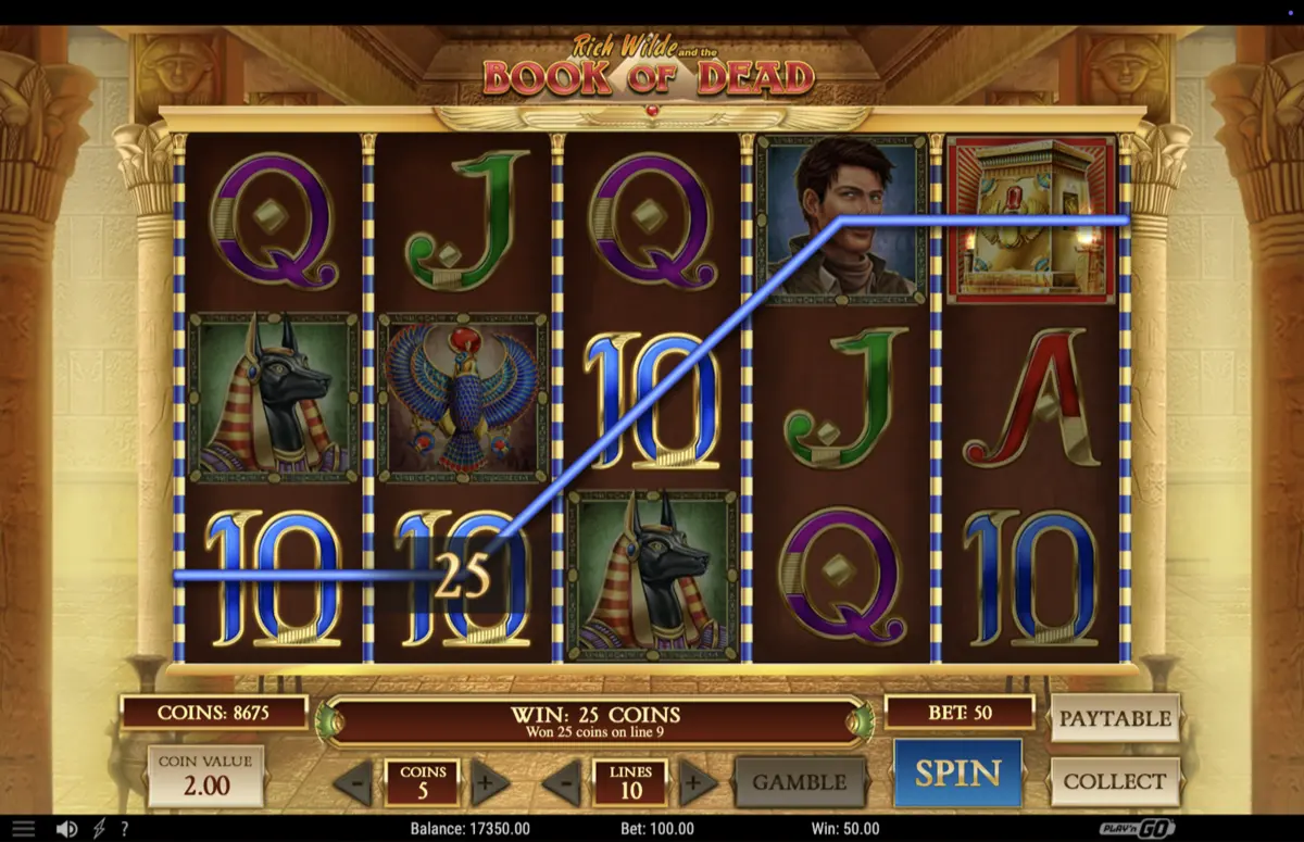 Book of Dead slot gameplay con Rich Wilde, Anubis e simbolo Book su linea vincente