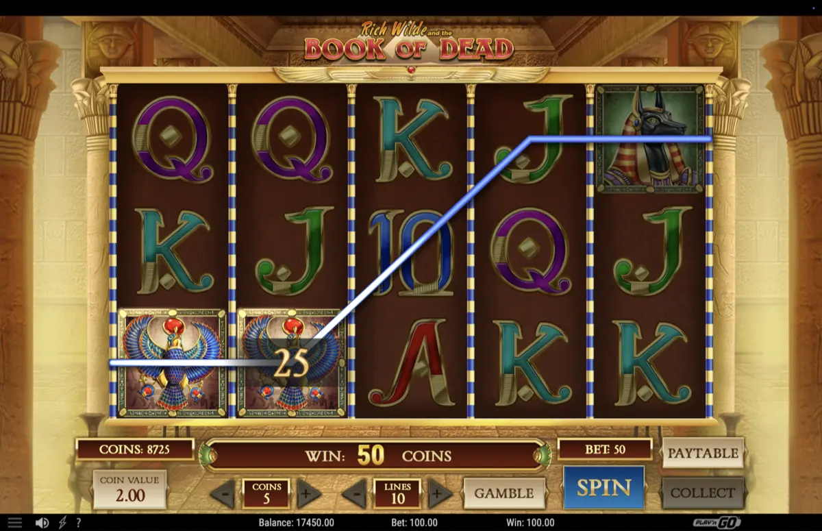 Book of Dead linea vincente con simboli Horus e faraone, vincita 25 monete